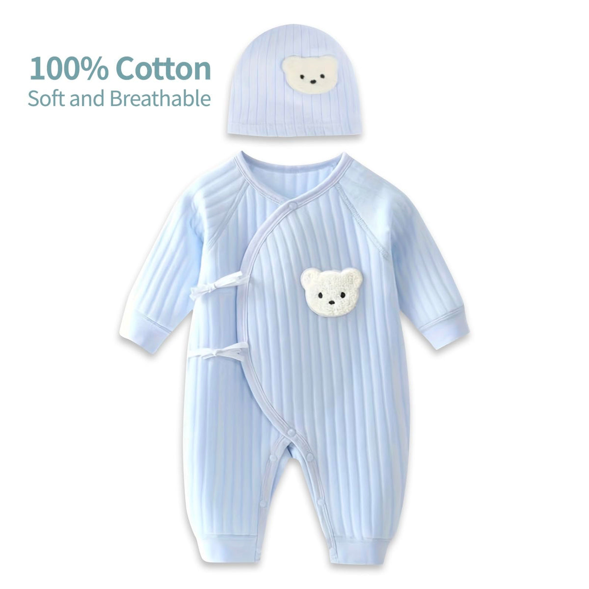 1 Pack Baby Bodysuit, 1-3 Months Neugeborenes Baby warme Baumwolle Bodysuit mit Hut, 100% Baumwolle Kleinkind Homewear verdickt Frühling und Herbst Kleidung (Blau, 1-3Months)