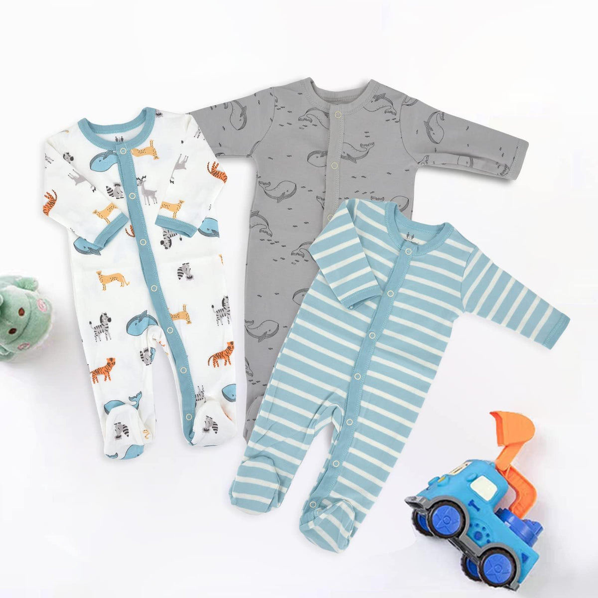 3PCS Baby Schlafstrampler Babychlafanzug Babyschlafsack Baumwolle mit Füßen mit knöpfen Gr. 56 62 68 für Junge Mädchen Neugborenen (Wal+Elch+Grüngestreift, 68, Numeric_68)