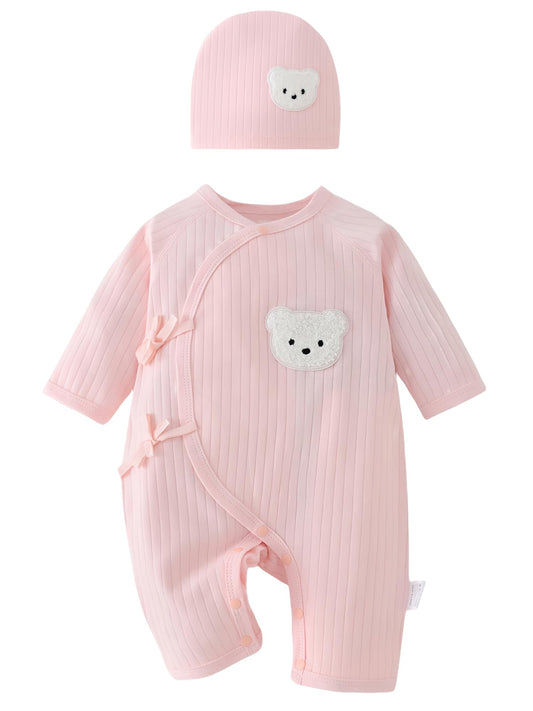 Babyfond 1 Pack Baby Bodysuit, Neugeborenes Baby warme Baumwolle Bodysuit mit Hut, 100% Baumwolle Kleinkind Homewear verdickt Frühling und Herbst Kleidung (Rosa, 1-3Monate)