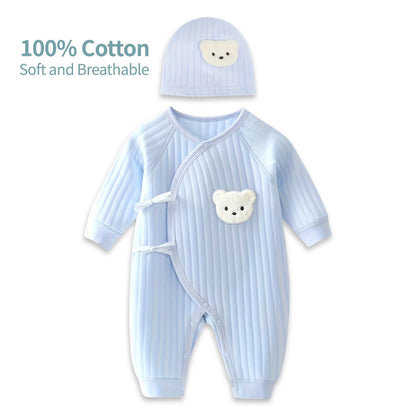1 Pack Baby Bodysuit, 1-3 Months Neugeborenes Baby warme Baumwolle Bodysuit mit Hut, 100% Baumwolle Kleinkind Homewear verdickt Frühling und Herbst Kleidung (Blau, 1-3Months)