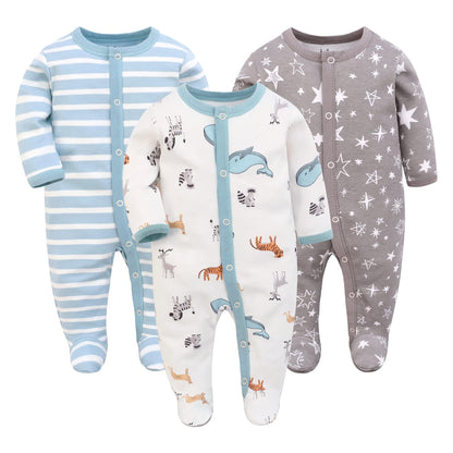 3PCS Baby Schlafstrampler Babychlafanzug Babyschlafsack Baumwolle mit Füßen mit knöpfen Gr. 56 62 68 für Junge Mädchen Neugborenen (Wal+Elch+Grüngestreift, 68, Numeric_68)