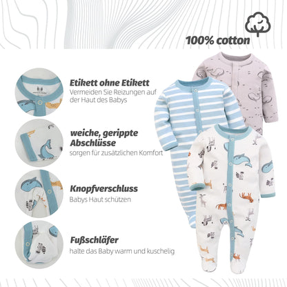 3PCS Baby Schlafstrampler Babychlafanzug Babyschlafsack Baumwolle mit Füßen mit knöpfen Gr. 56 62 68 für Junge Mädchen Neugborenen (Wal+Elch+Grüngestreift, 68, Numeric_68)