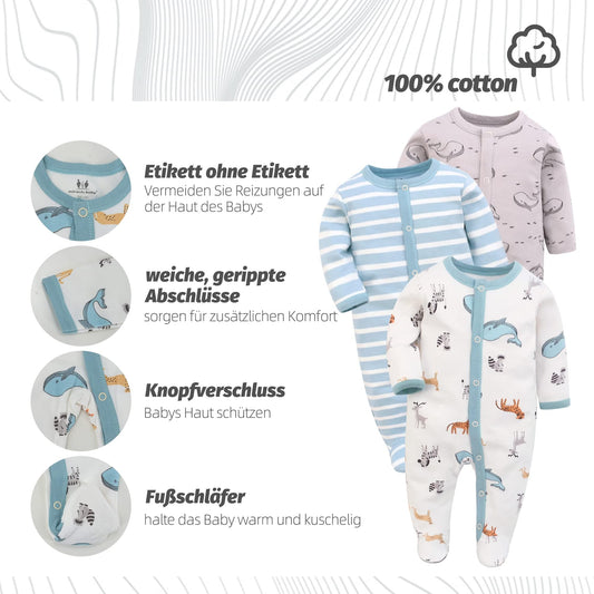 3PCS Baby Schlafstrampler Babychlafanzug Babyschlafsack Baumwolle mit Füßen mit knöpfen Gr. 56 62 68 für Junge Mädchen Neugborenen (Wal+Elch+Grüngestreift, 68, Numeric_68)