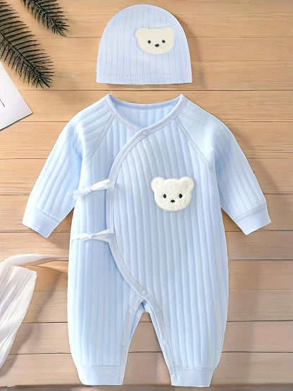 1 Pack Baby Bodysuit, 1-3 Months Neugeborenes Baby warme Baumwolle Bodysuit mit Hut, 100% Baumwolle Kleinkind Homewear verdickt Frühling und Herbst Kleidung (Blau, 1-3Months)