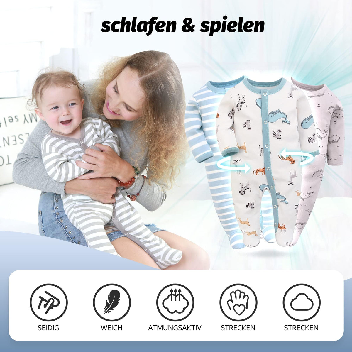 3PCS Baby Schlafstrampler Babychlafanzug Babyschlafsack Baumwolle mit Füßen mit knöpfen Gr. 56 62 68 für Junge Mädchen Neugborenen (Wal+Elch+Grüngestreift, 68, Numeric_68)